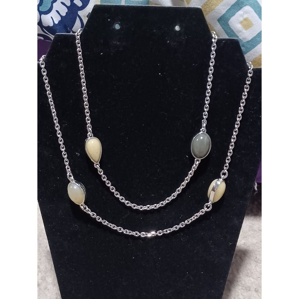 LOFT Silver-Toned Necklace, Green & Yellow Stimulated Acrylic Stones, 35"